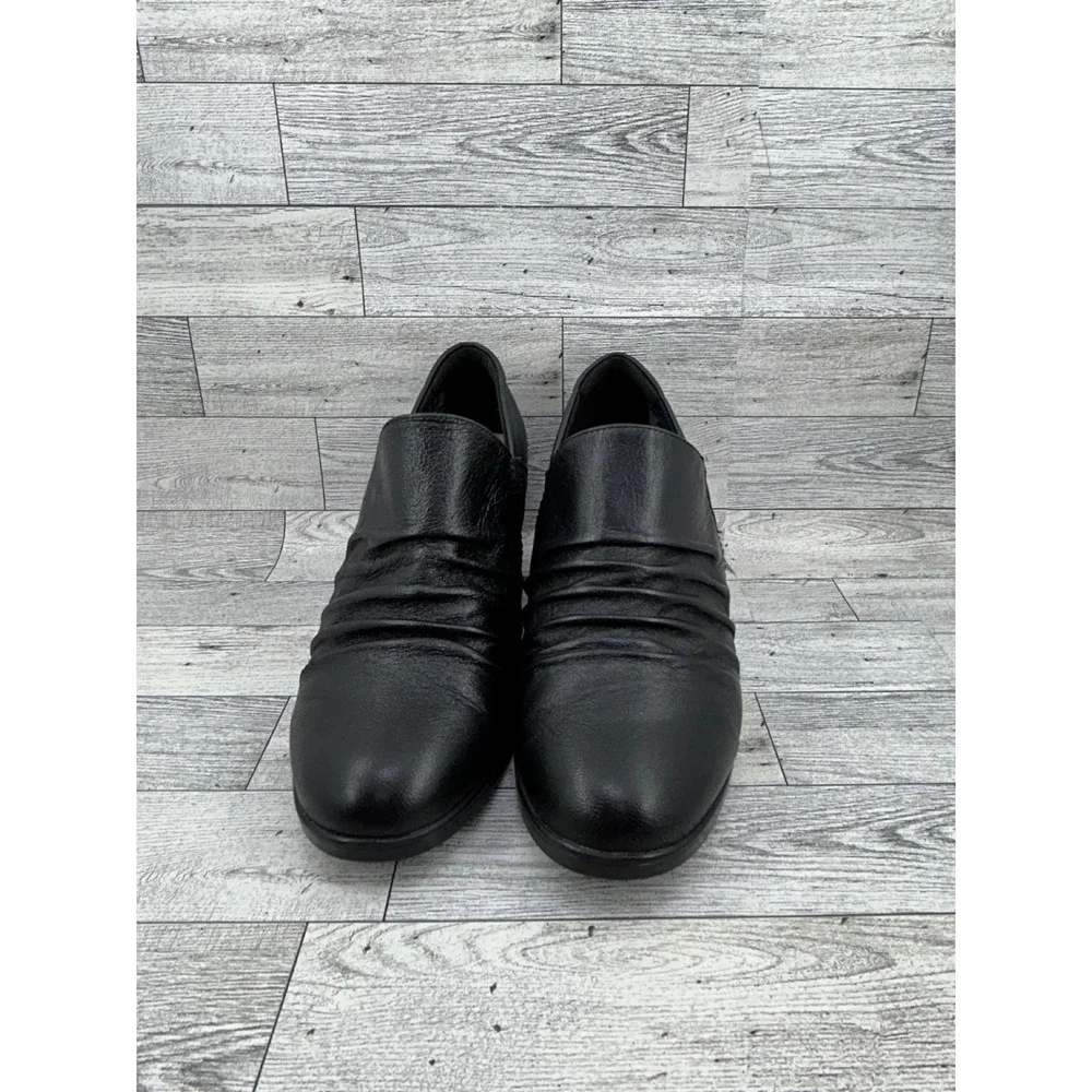 Clarks Collection Women Black Leather Ruched Shooties Block‎ Heel Size 8W